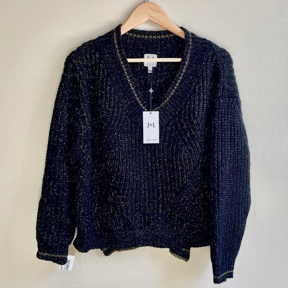 NWT black gold metallic shimmer JOHN + JENN designer knit sweater XS S - Picture 7 of 12